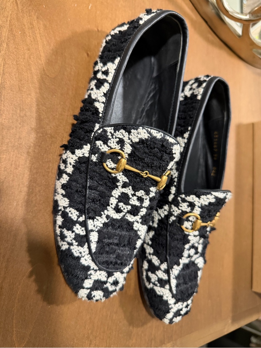 Gucci Black and Cream Patterned Horsebit Loafers